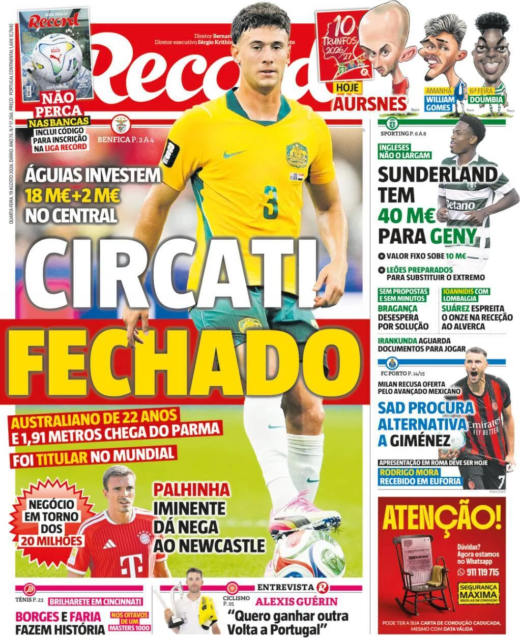 Capa do Record de quarta-feira, 19 de agosto de 2026