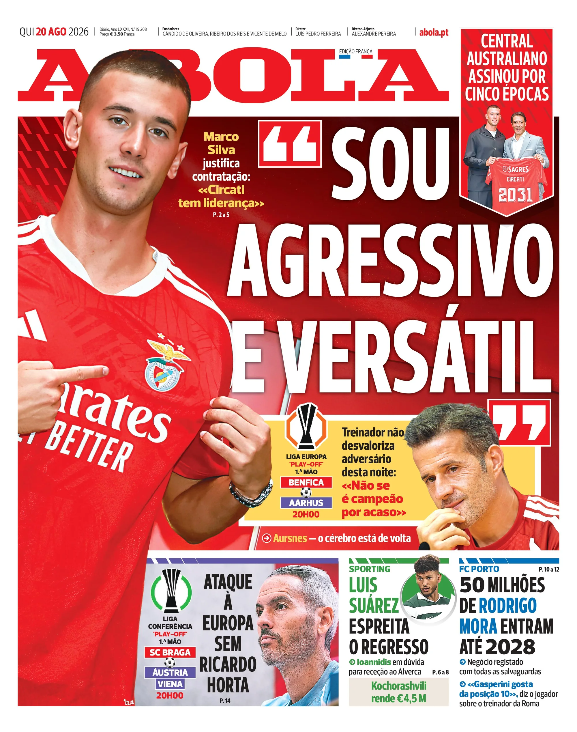 Capa do A Bola de quinta-feira, 20 de agosto de 2026