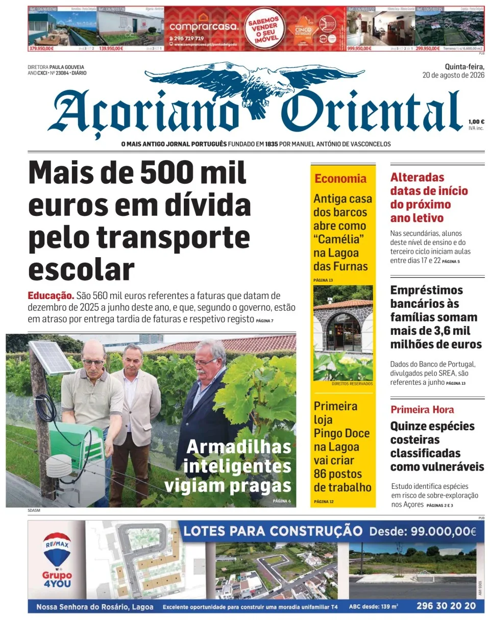 Capa do Açoriano Oriental de quinta-feira, 20 de agosto de 2026