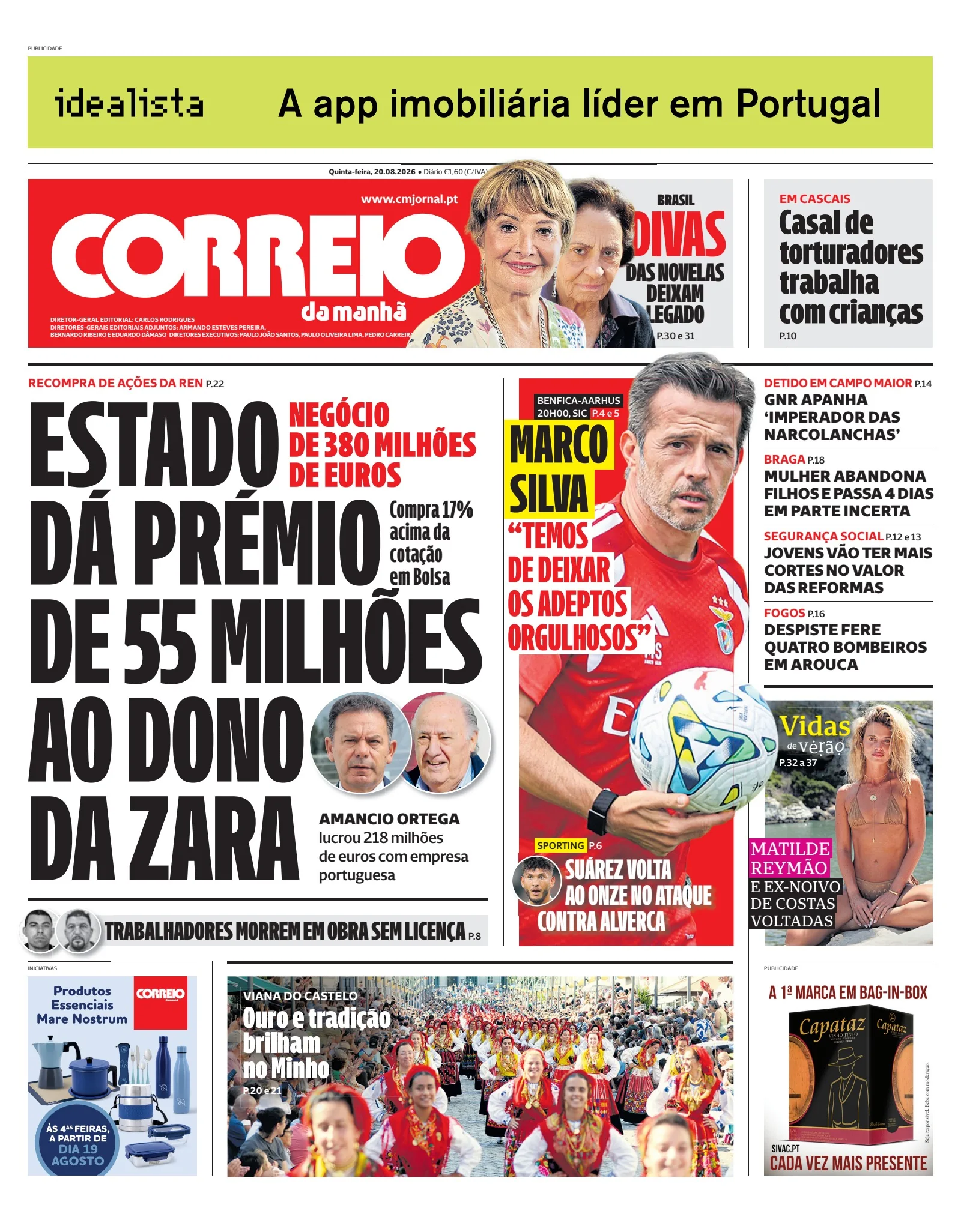 Capa do Correio da Manhã de quinta-feira, 20 de agosto de 2026