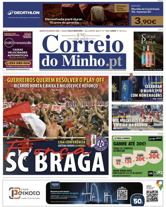 Capa do Correio do Minho de quinta-feira, 20 de agosto de 2026