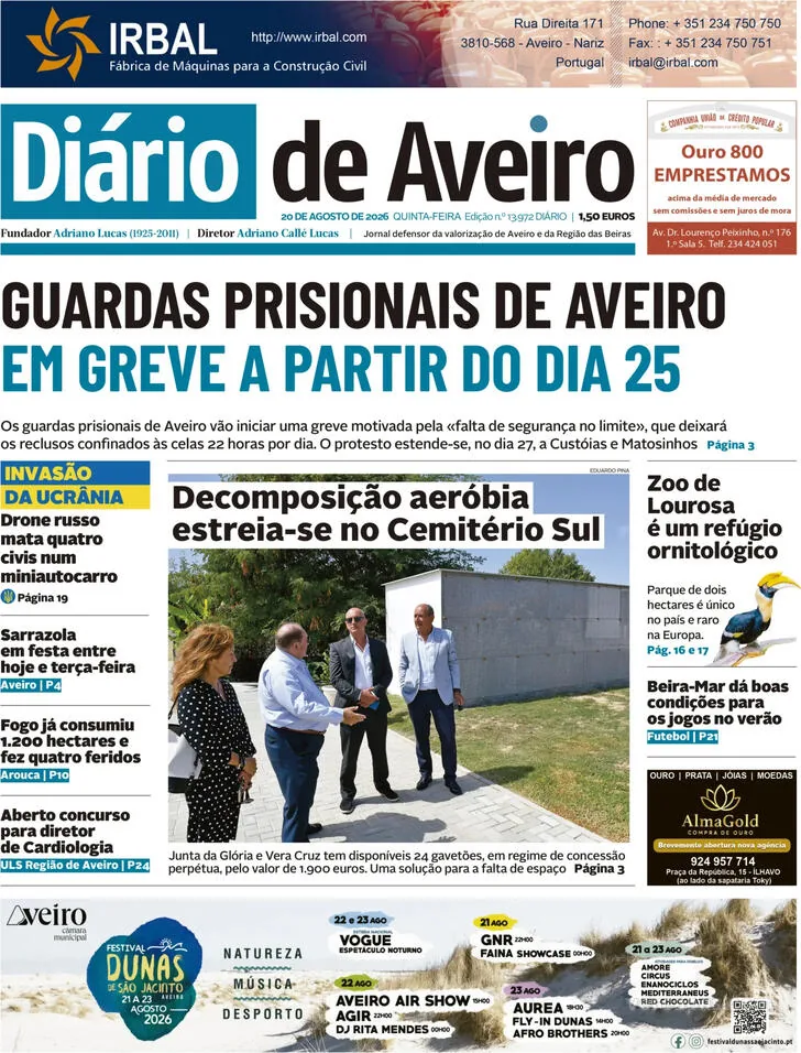 Capa do Diário de Aveiro de quinta-feira, 20 de agosto de 2026
