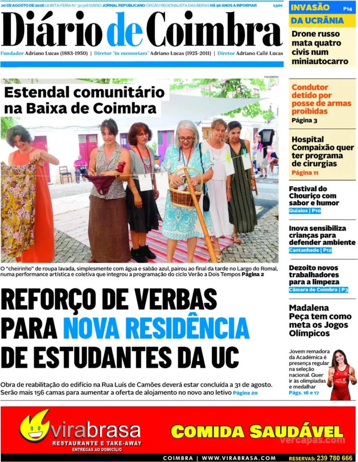 Capa do Diário de Coimbra de quinta-feira, 20 de agosto de 2026