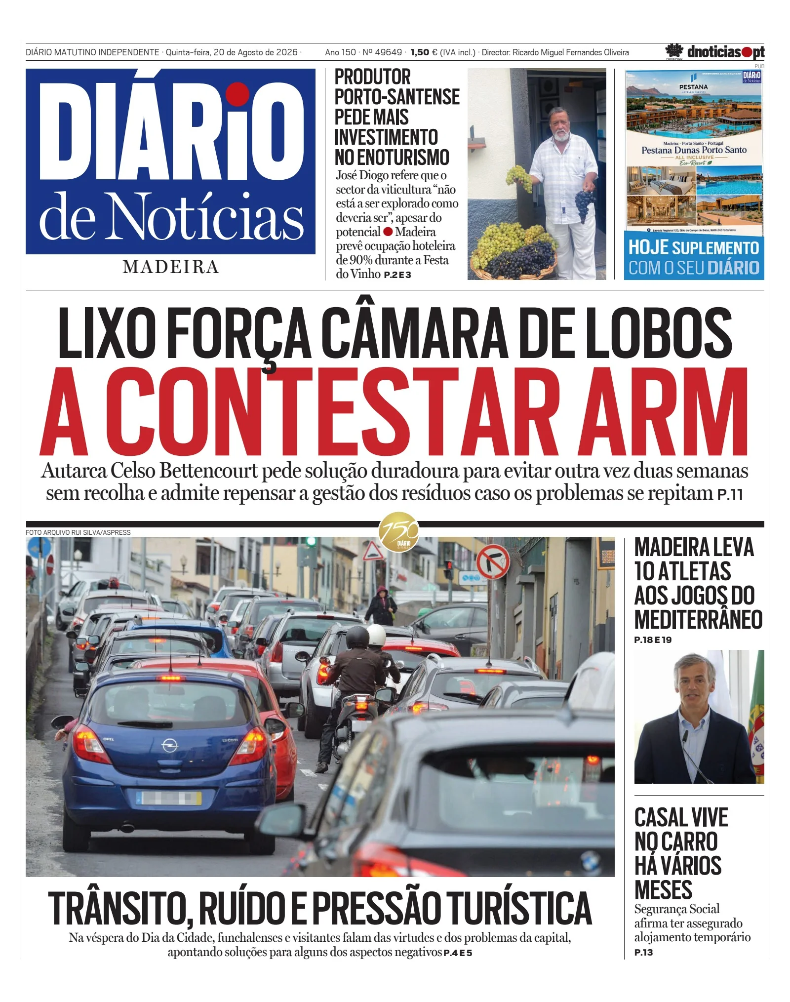 Capa do Diário de Notícias da Madeira de quinta-feira, 20 de agosto de 2026