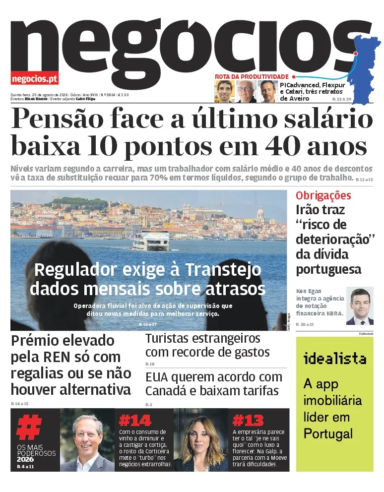 Capa do Jornal de Negócios de quinta-feira, 20 de agosto de 2026
