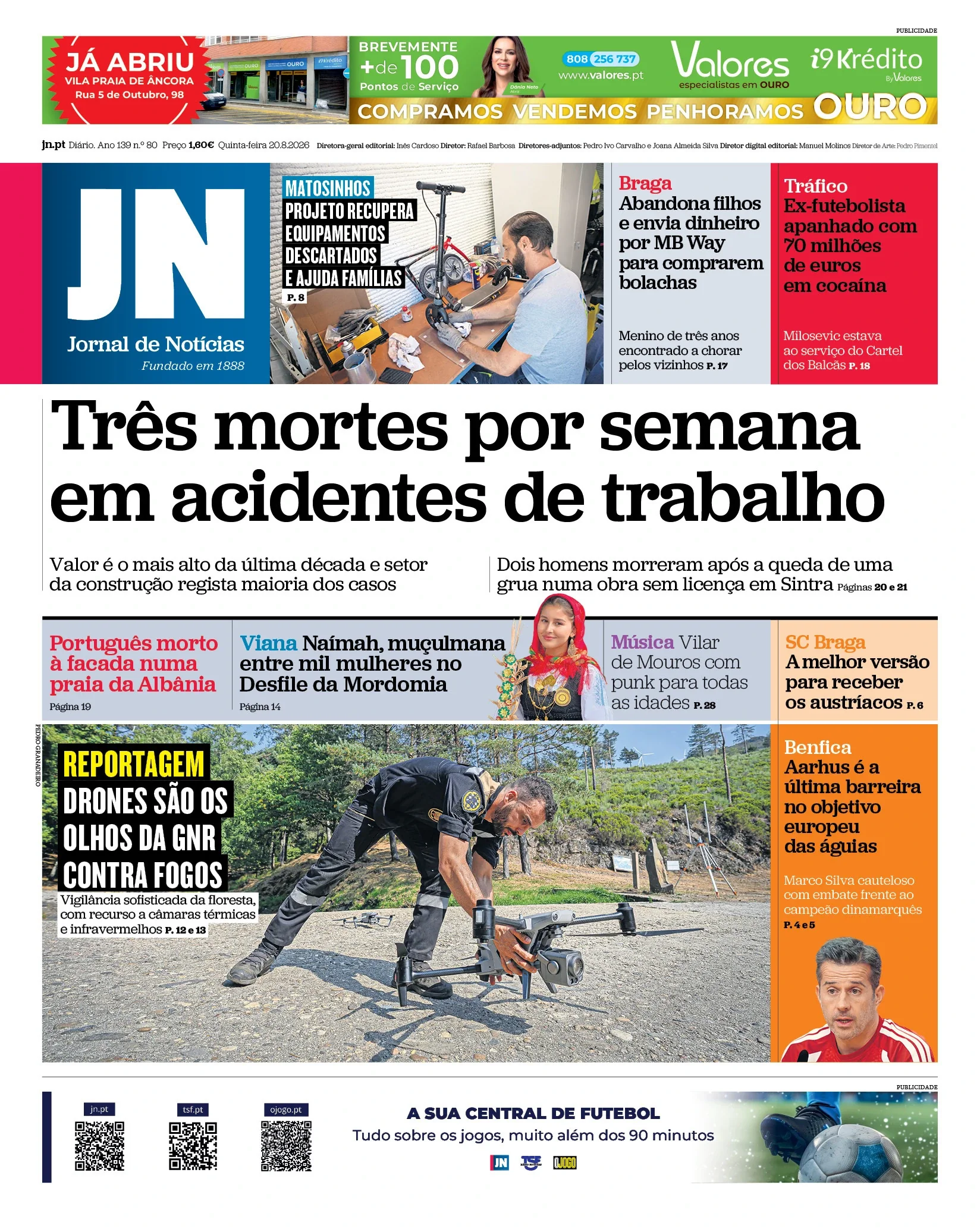 Capa do Jornal de Notícias de quinta-feira, 20 de agosto de 2026