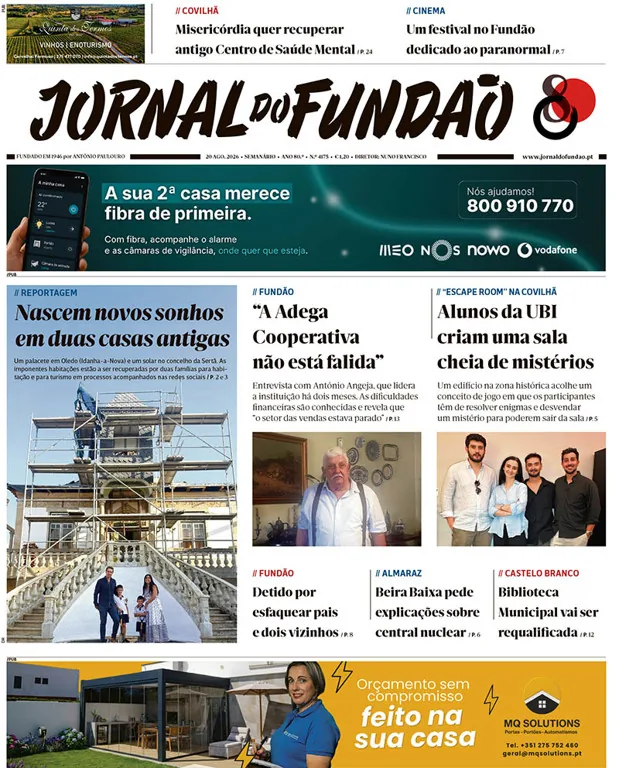 Capa do Jornal do Fundão de quinta-feira, 20 de agosto de 2026