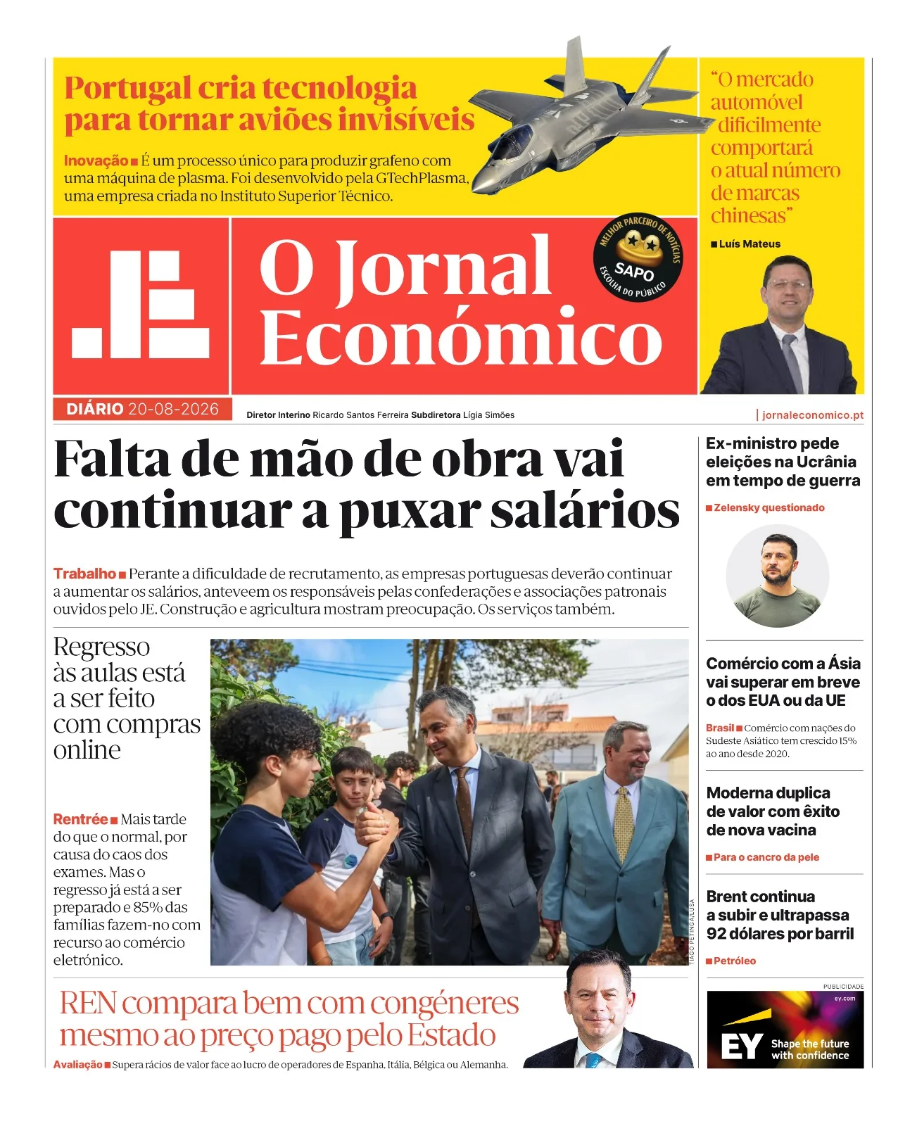 Capa do Jornal Económico de quinta-feira, 20 de agosto de 2026