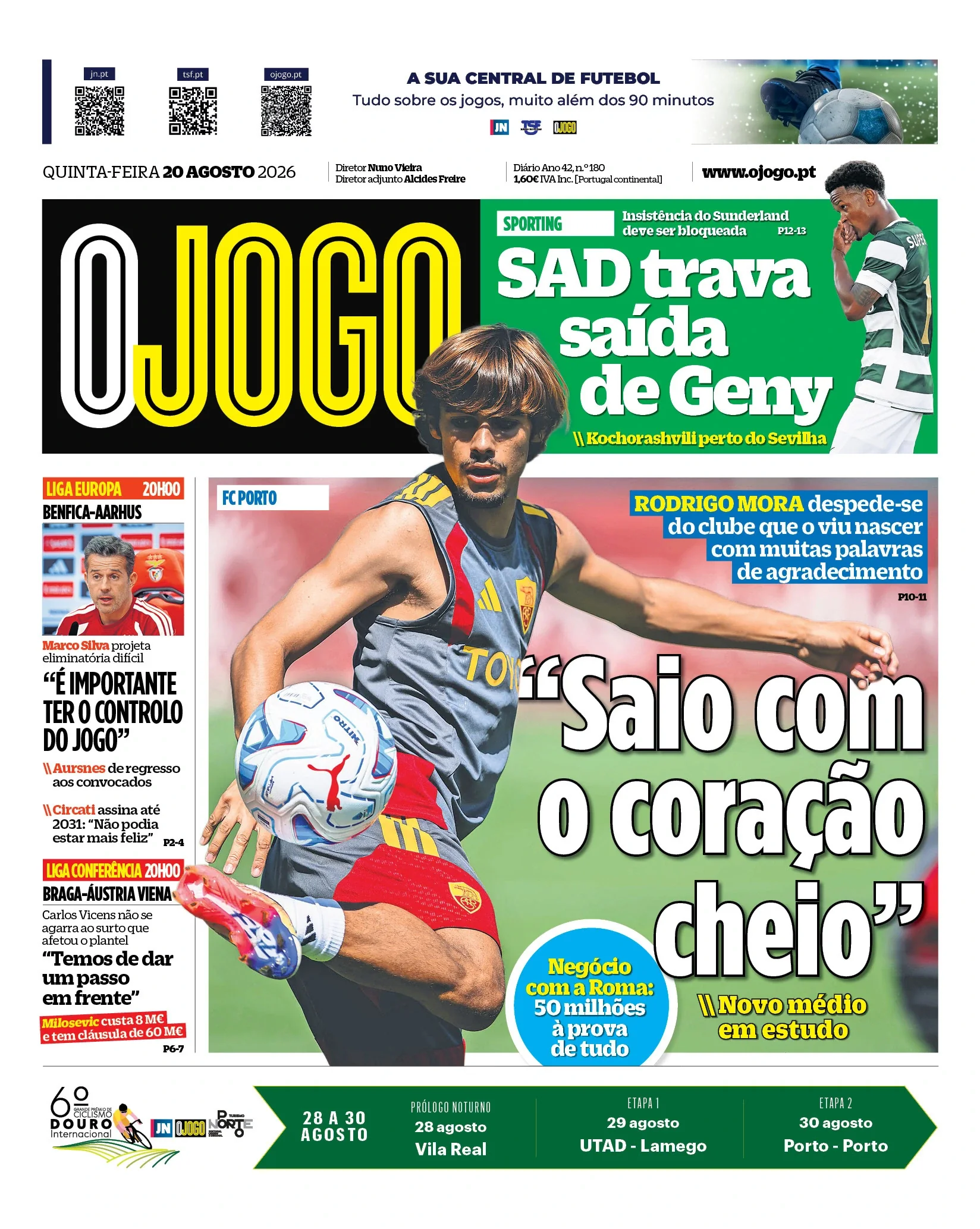 Capa do O Jogo de quinta-feira, 20 de agosto de 2026
