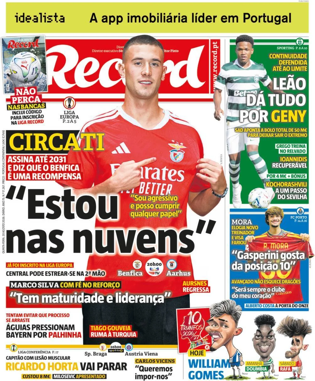 Capa do Record de quinta-feira, 20 de agosto de 2026