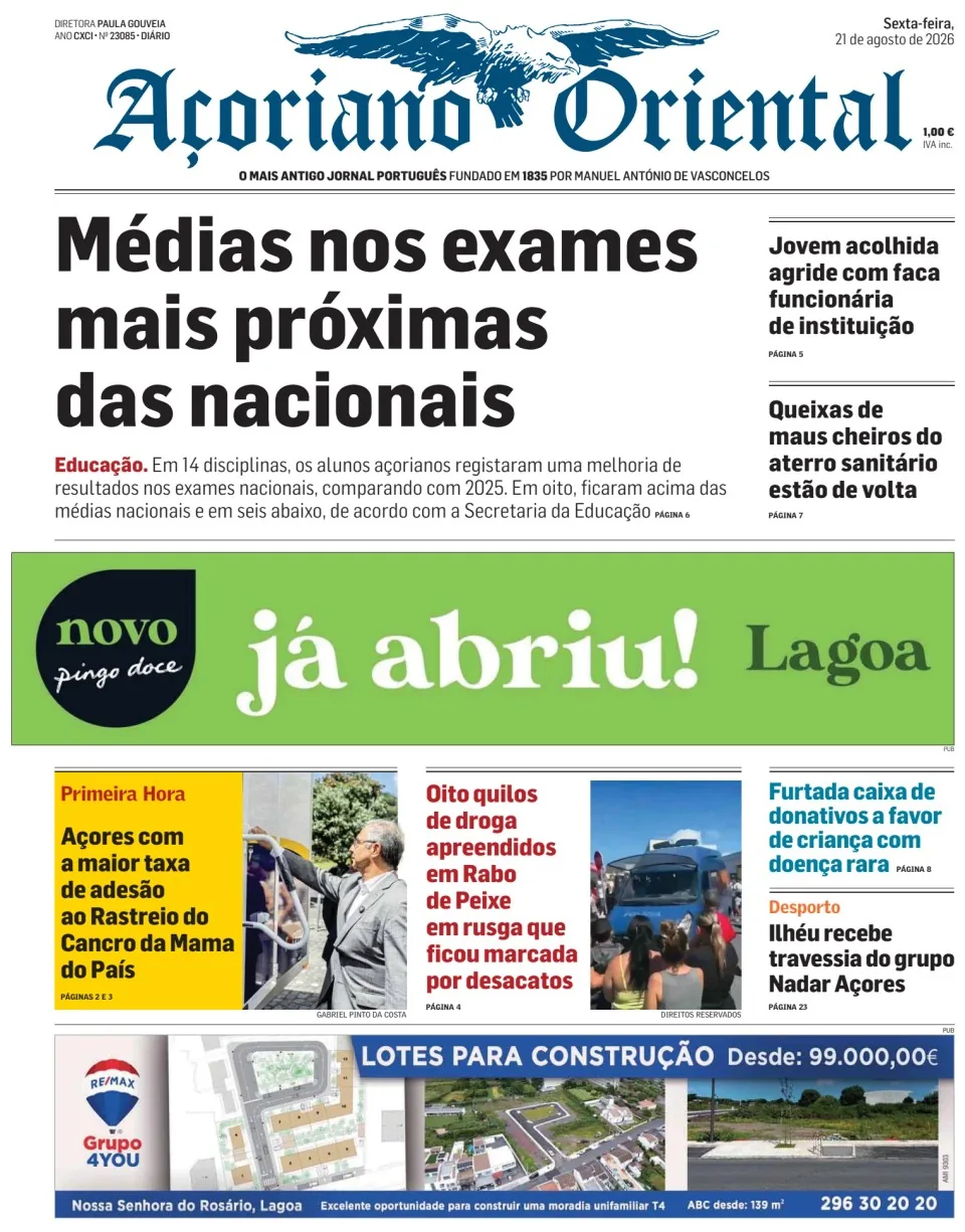 Capa do Açoriano Oriental de sexta-feira, 21 de agosto de 2026
