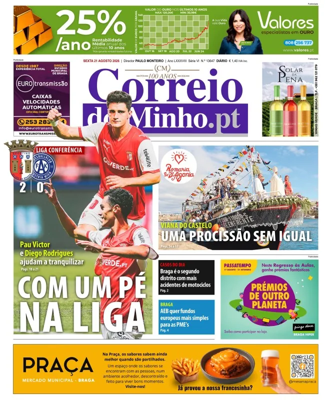Capa do Correio do Minho de sexta-feira, 21 de agosto de 2026
