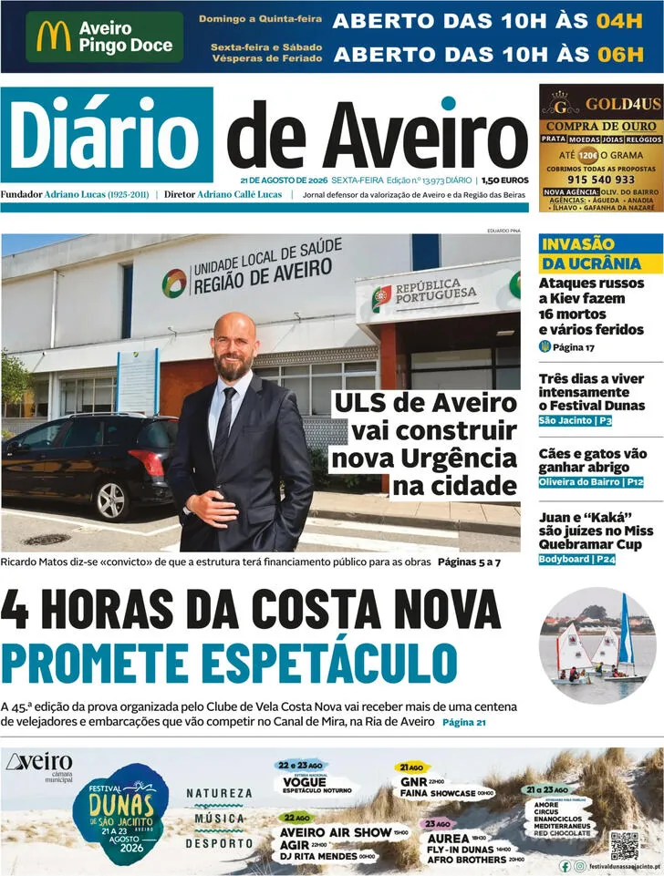 Capa do Diário de Aveiro de sexta-feira, 21 de agosto de 2026