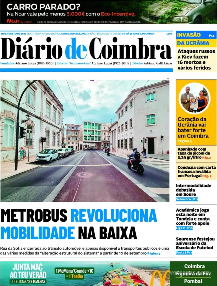 Capa do Diário de Coimbra de sexta-feira, 21 de agosto de 2026
