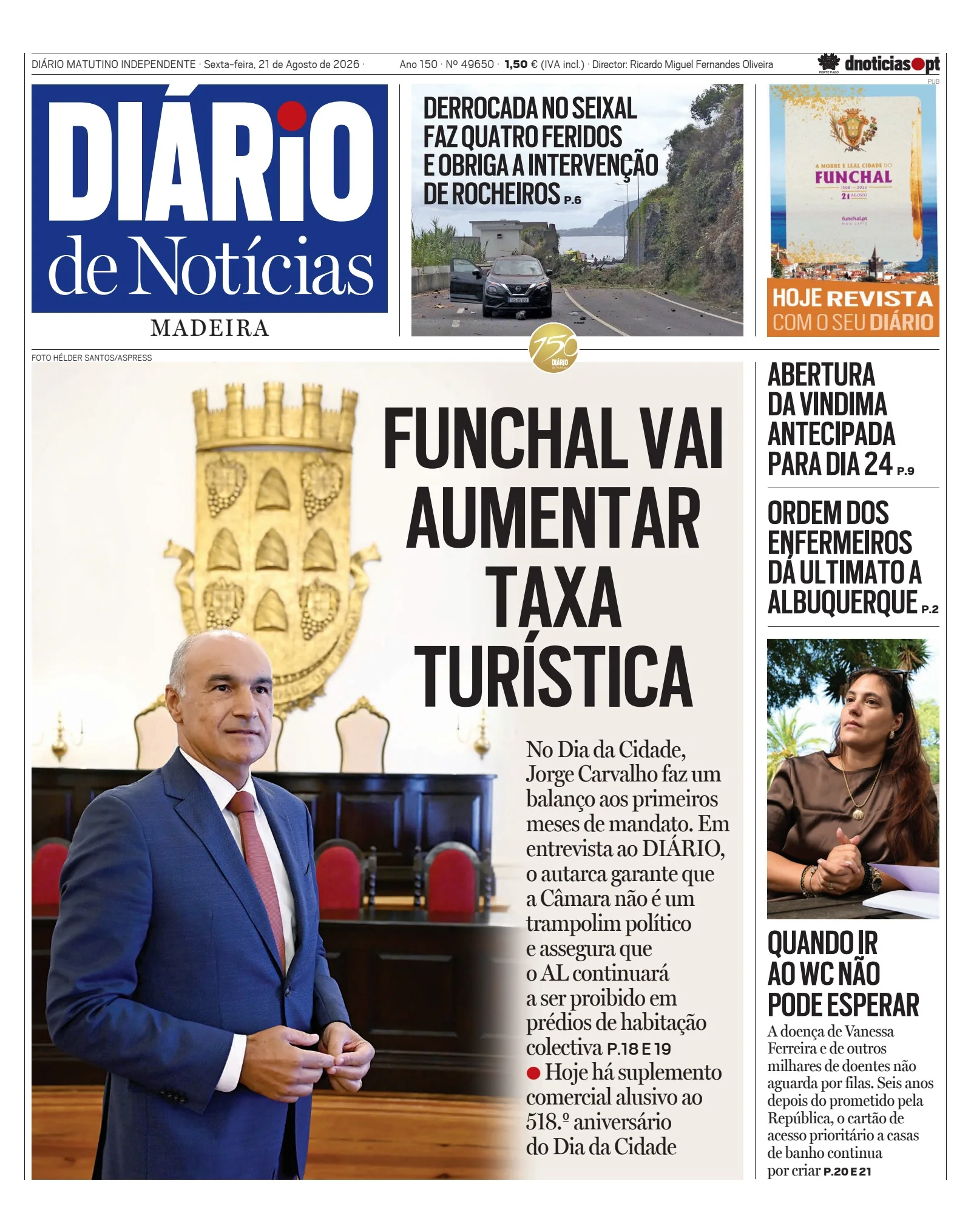 Capa do Diário de Notícias da Madeira de sexta-feira, 21 de agosto de 2026