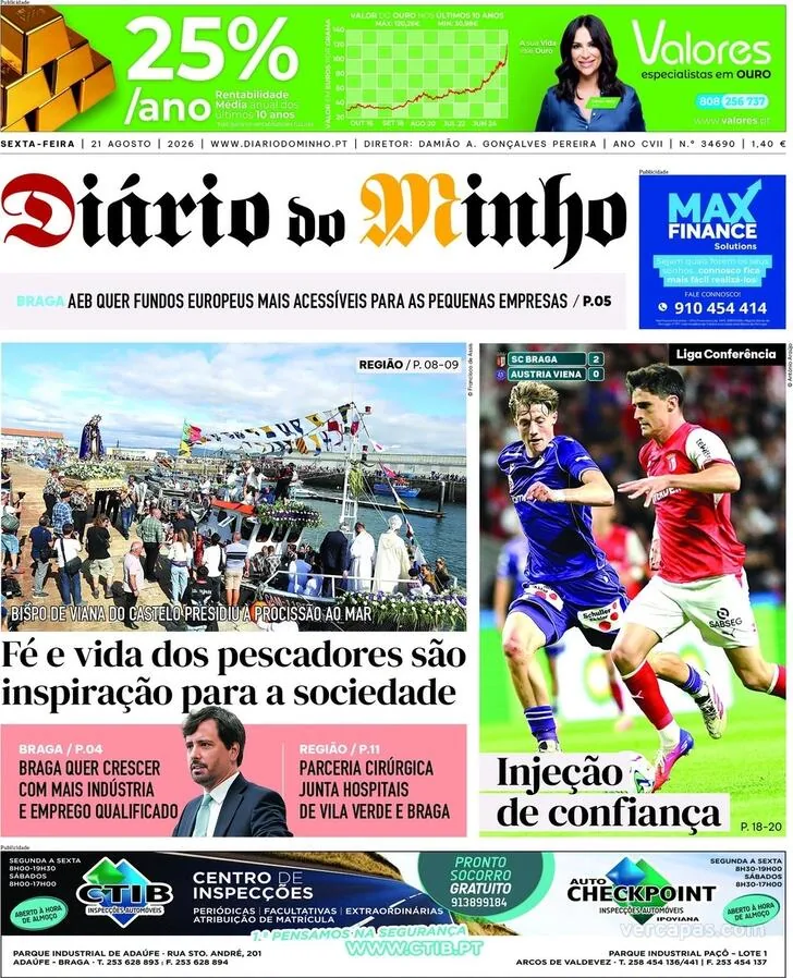 Capa do Diário do Minho de sexta-feira, 21 de agosto de 2026