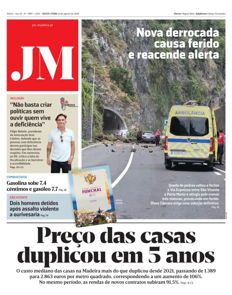 Capa do Jornal da Madeira de sexta-feira, 21 de agosto de 2026