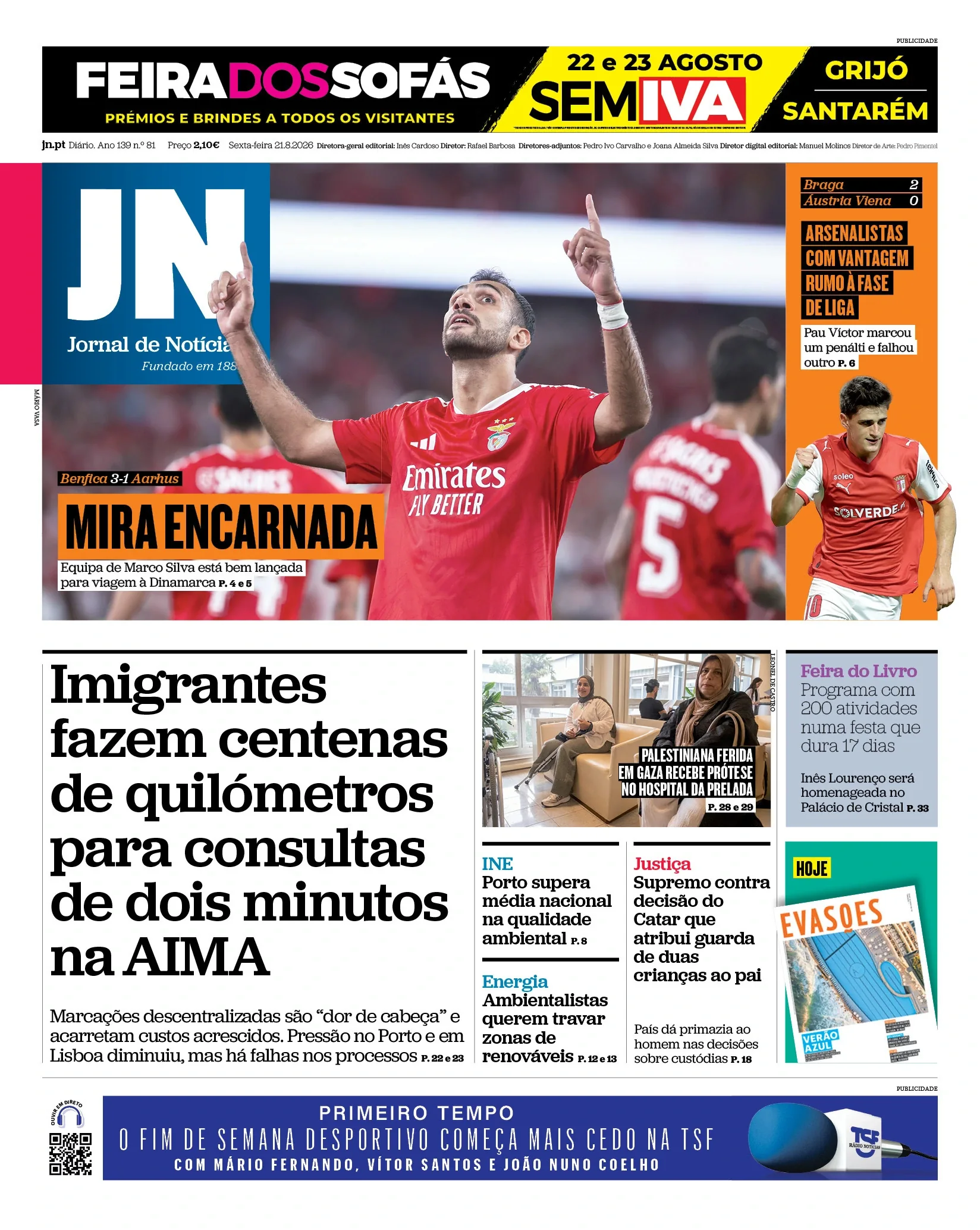 Capa do Jornal de Notícias de sexta-feira, 21 de agosto de 2026