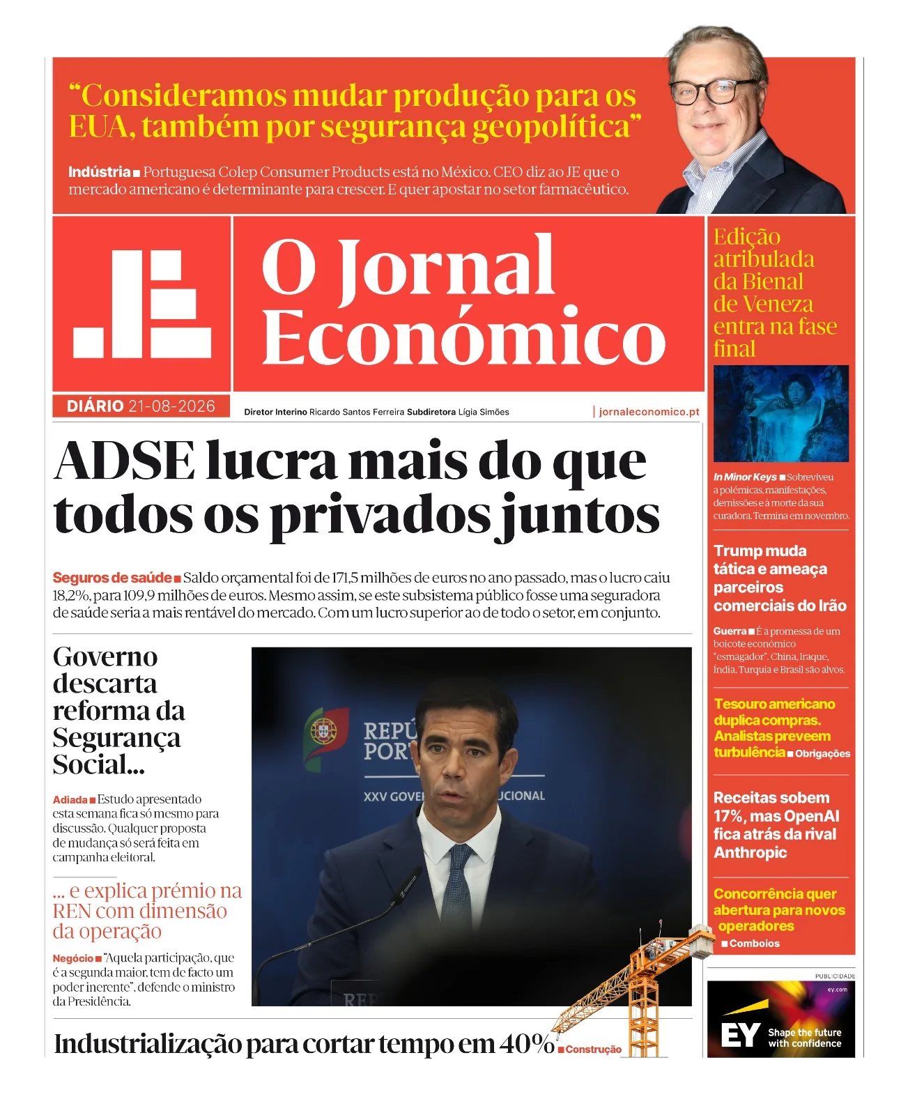 Capa do Jornal Económico de sexta-feira, 21 de agosto de 2026
