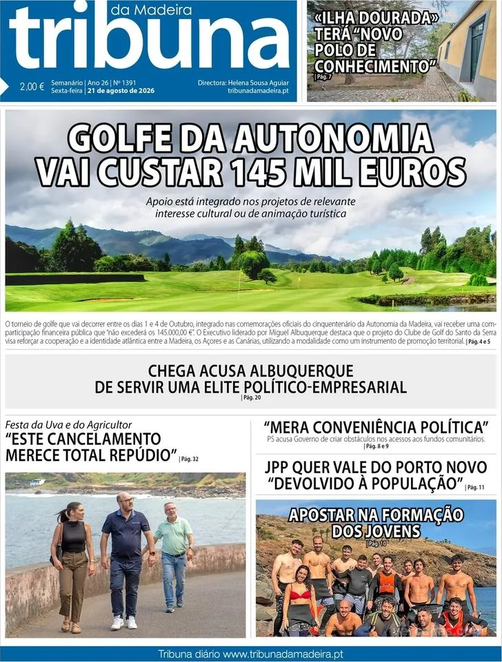 Capa do Tribuna da Madeira de sexta-feira, 21 de agosto de 2026