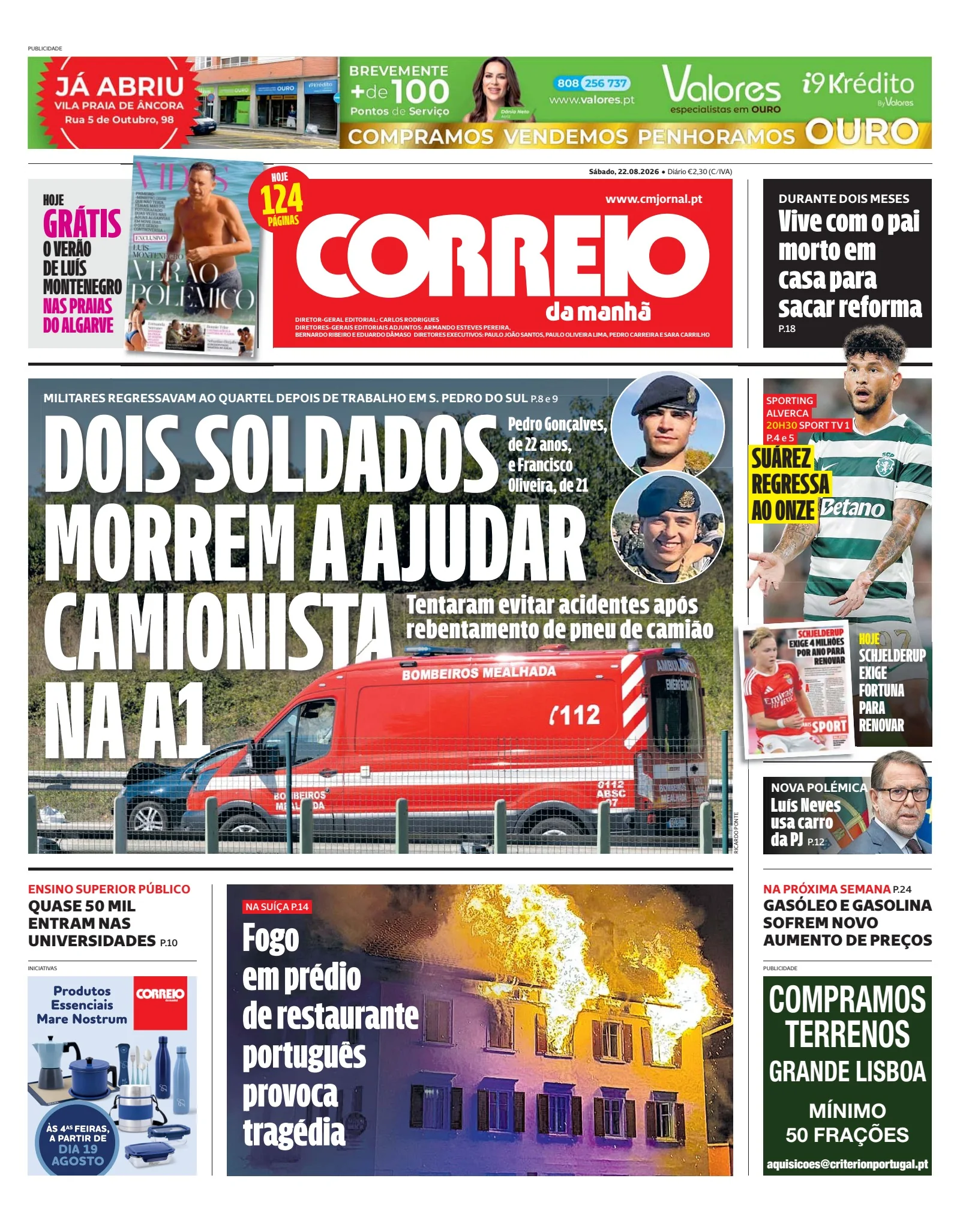 Capa do Correio da Manhã de sábado, 22 de agosto de 2026