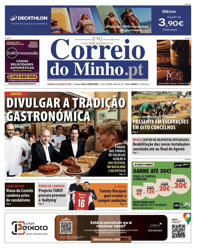 Capa do Correio do Minho de sábado, 22 de agosto de 2026