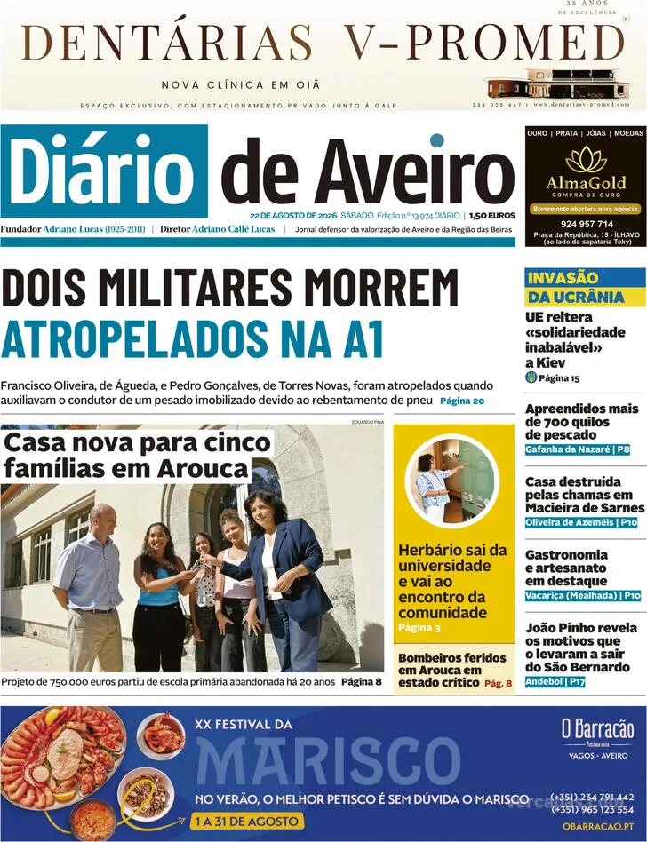 Capa do Diário de Aveiro de sábado, 22 de agosto de 2026