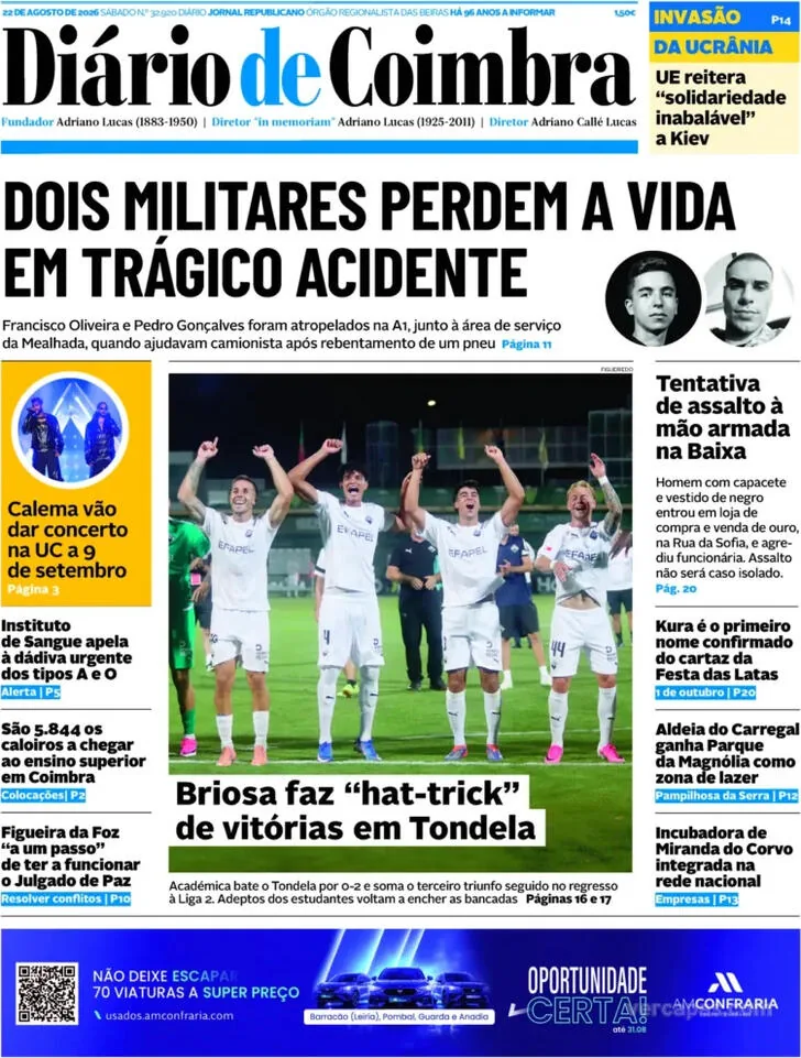 Capa do Diário de Coimbra de sábado, 22 de agosto de 2026