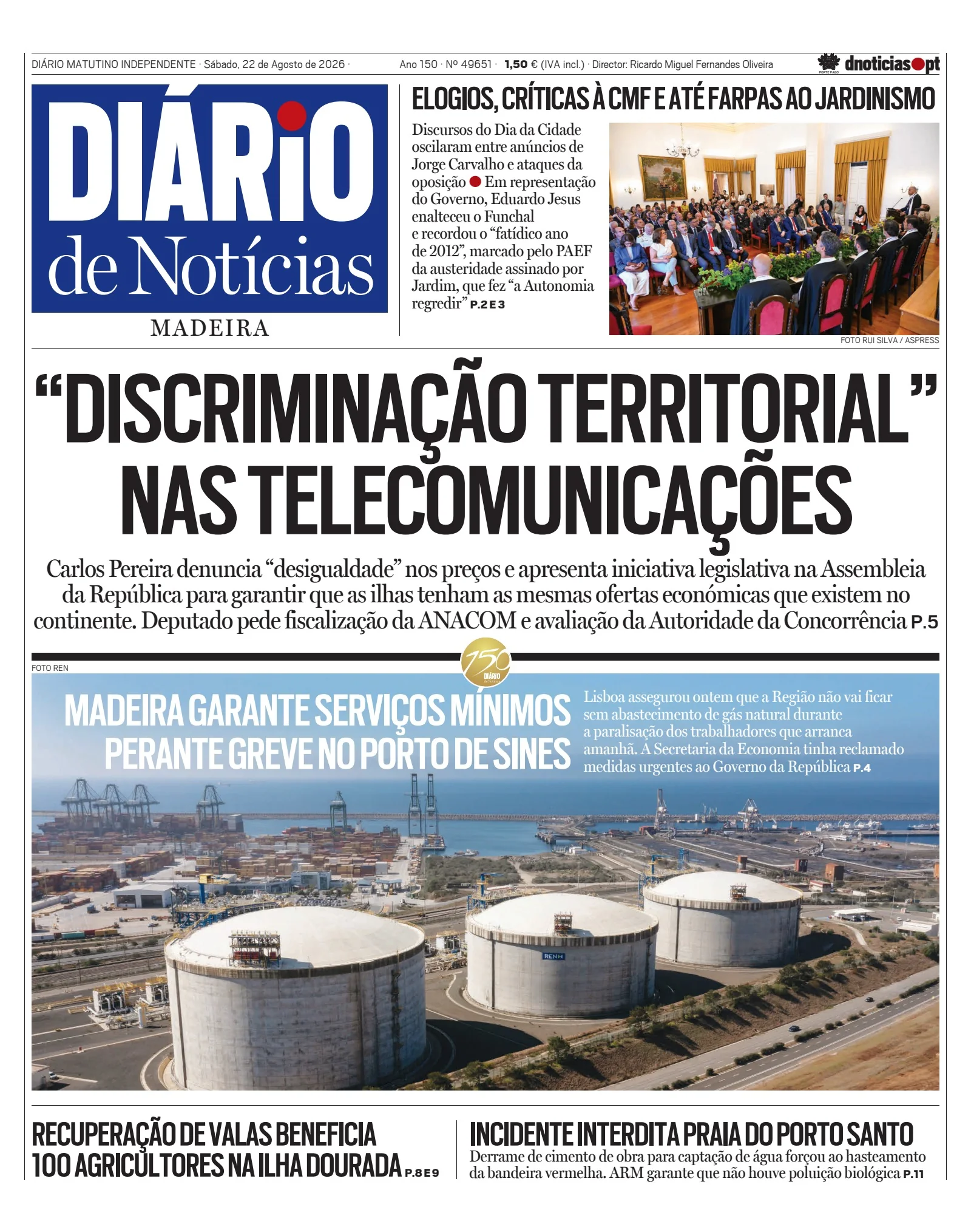Capa do Diário de Notícias da Madeira de sábado, 22 de agosto de 2026