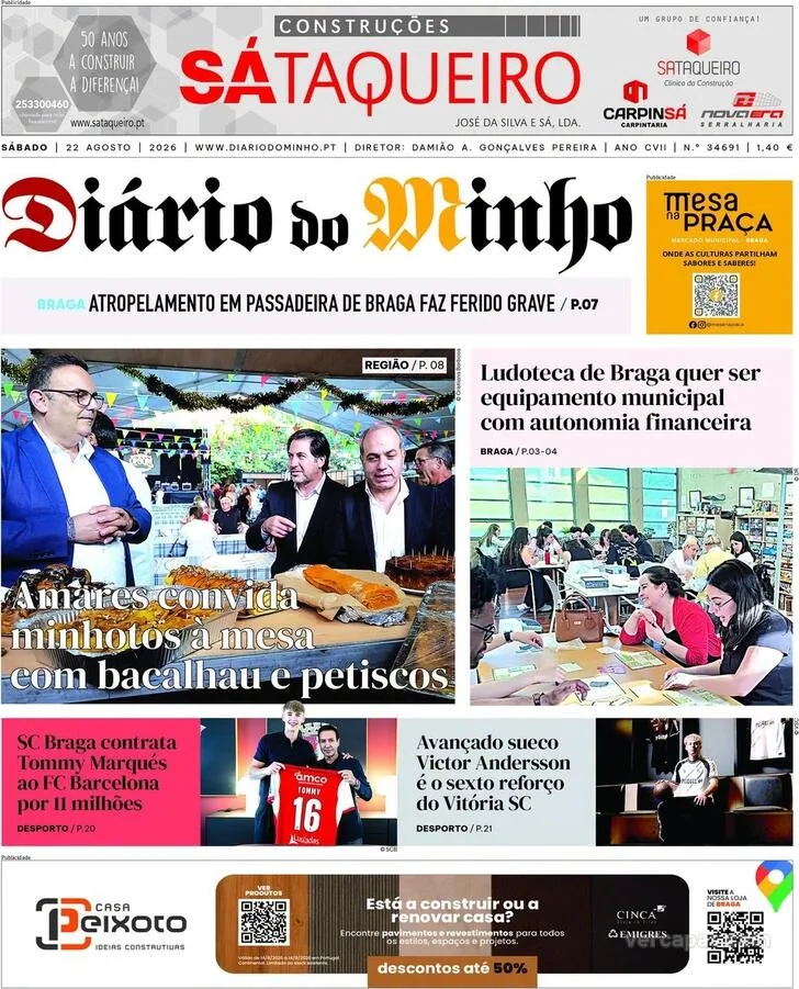 Capa do Diário do Minho de sábado, 22 de agosto de 2026