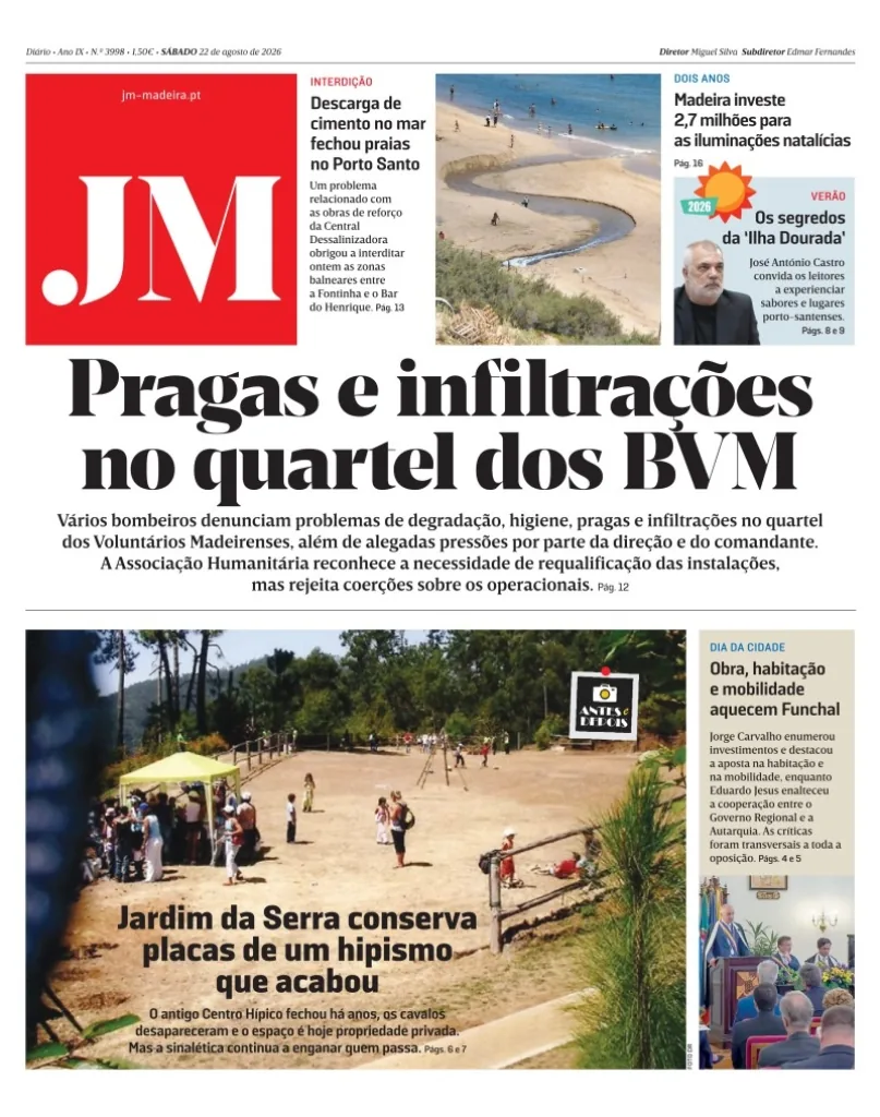 Capa do Jornal da Madeira de sábado, 22 de agosto de 2026