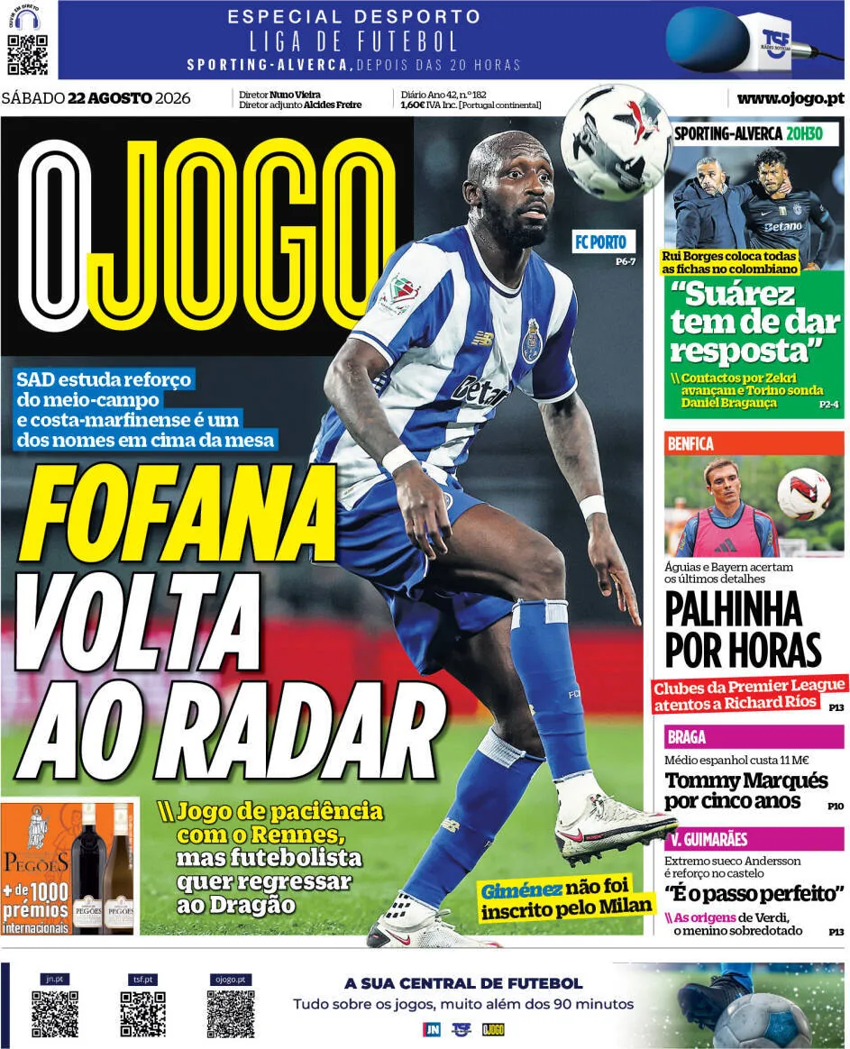 Capa do O Jogo de sábado, 22 de agosto de 2026