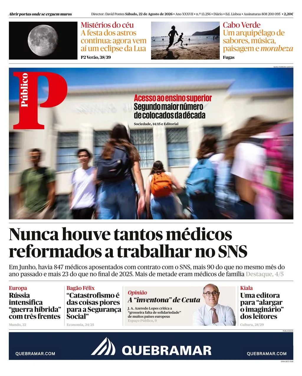 Capa do Público de sábado, 22 de agosto de 2026