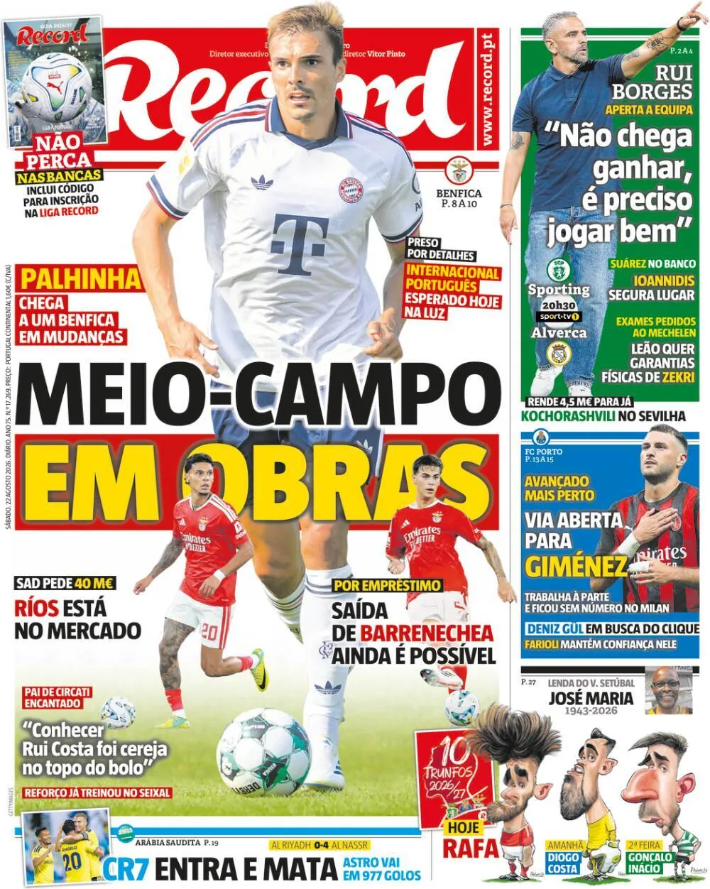 Capa do Record de sábado, 22 de agosto de 2026