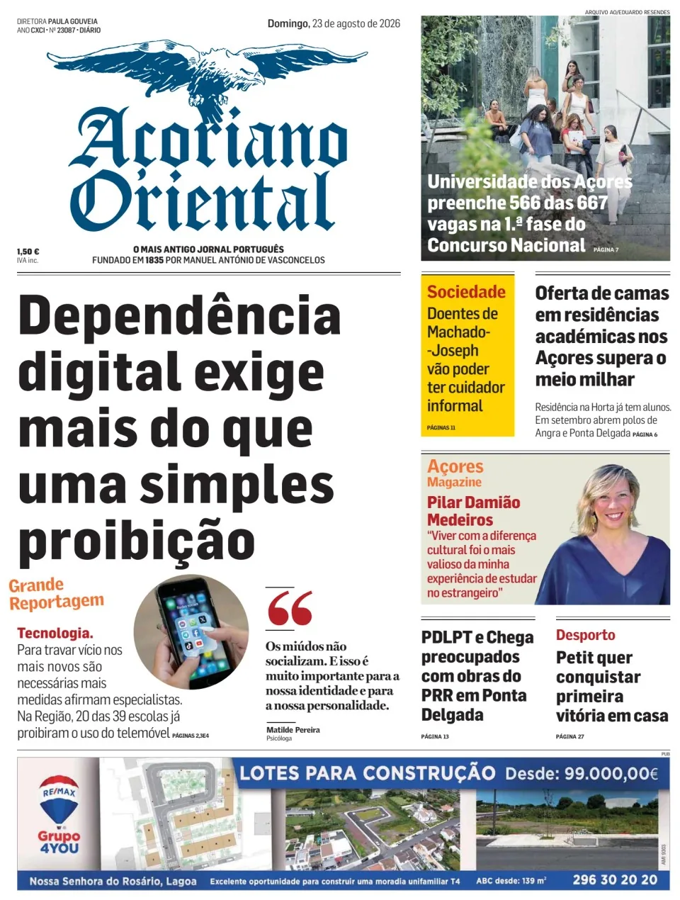 Capa do Açoriano Oriental de domingo, 23 de agosto de 2026
