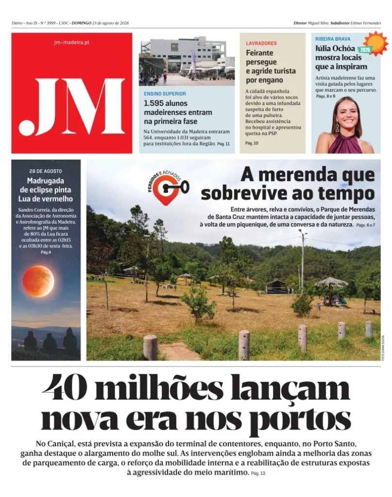 Capa do Jornal da Madeira de domingo, 23 de agosto de 2026