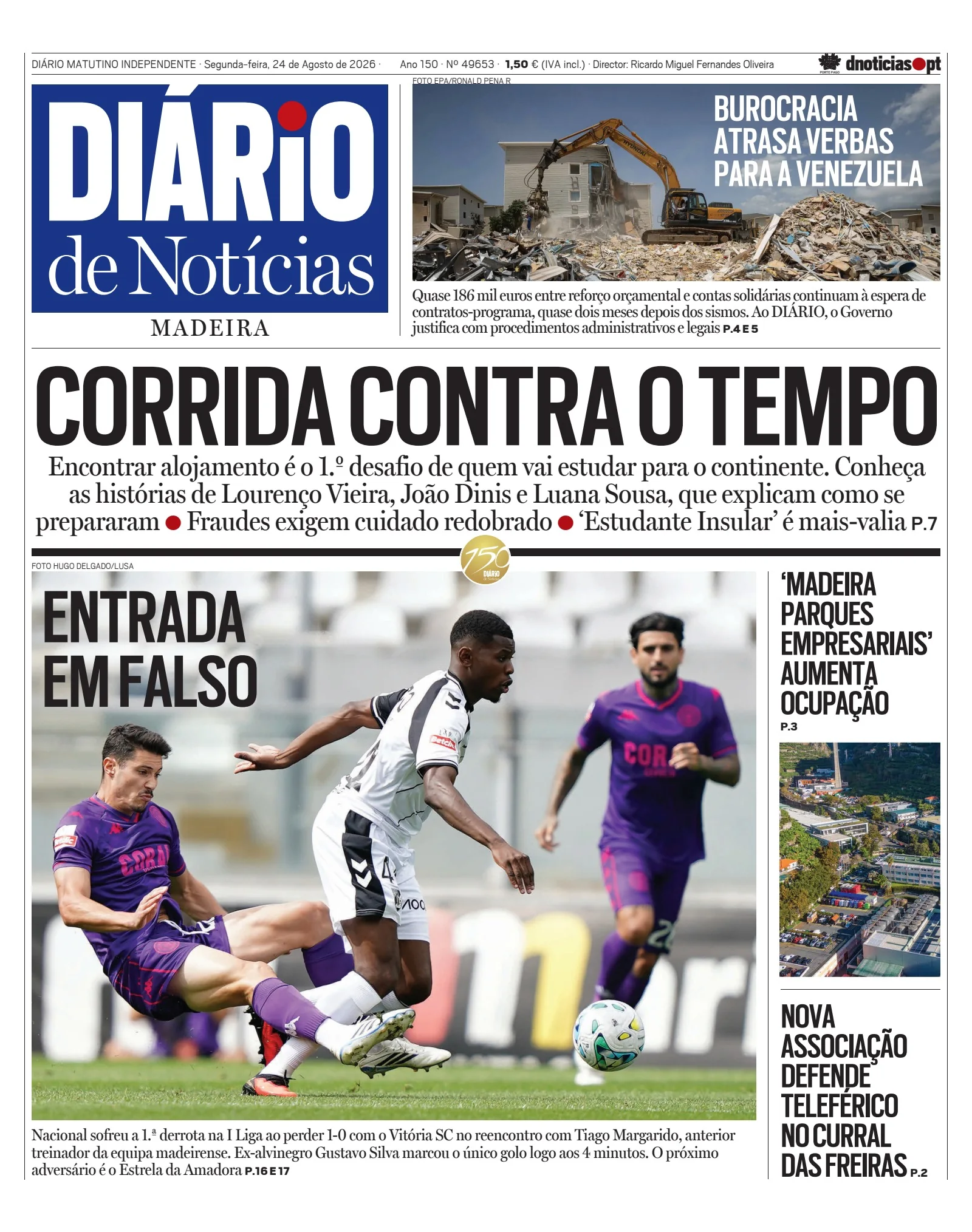 Capa do Diário de Notícias da Madeira de segunda-feira, 24 de agosto de 2026