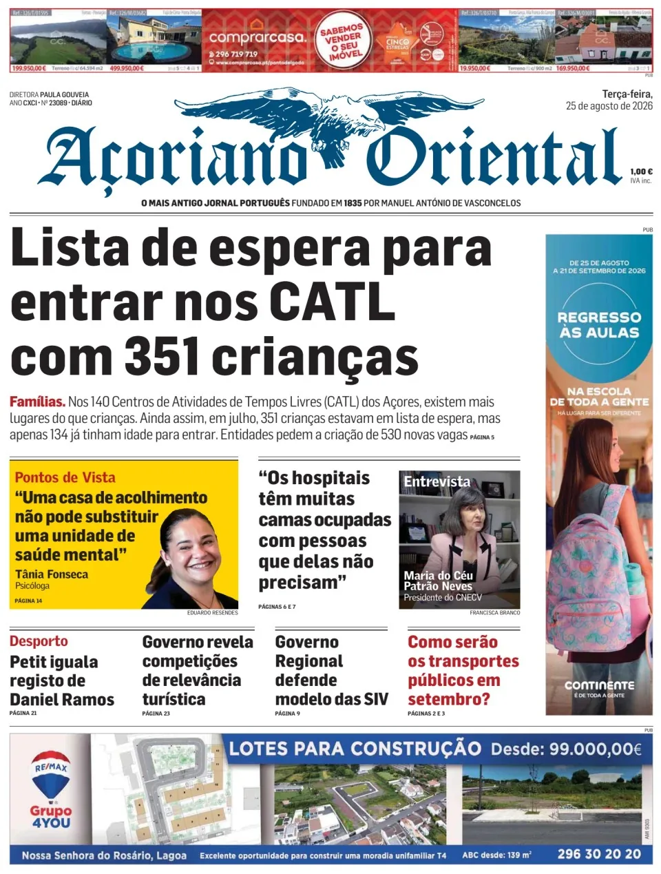 Capa do Açoriano Oriental de terça-feira, 25 de agosto de 2026