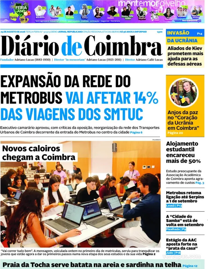 Capa do Diário de Coimbra de terça-feira, 25 de agosto de 2026