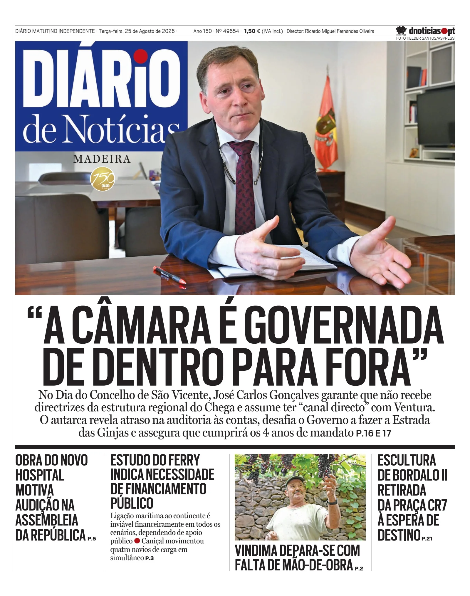 Capa do Diário de Notícias da Madeira de terça-feira, 25 de agosto de 2026