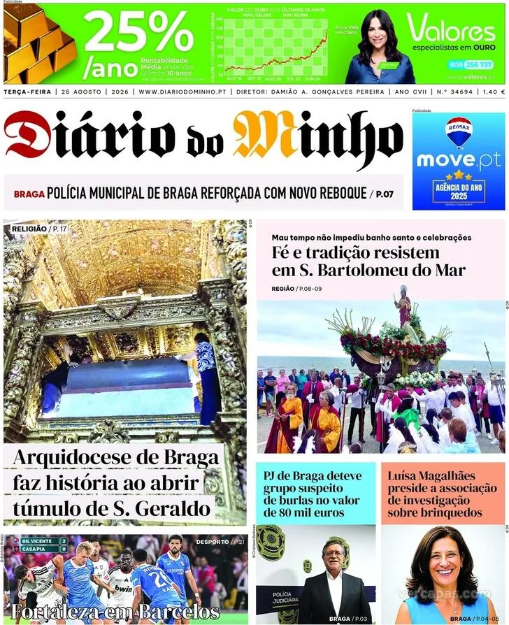 Capa do Diário do Minho de terça-feira, 25 de agosto de 2026