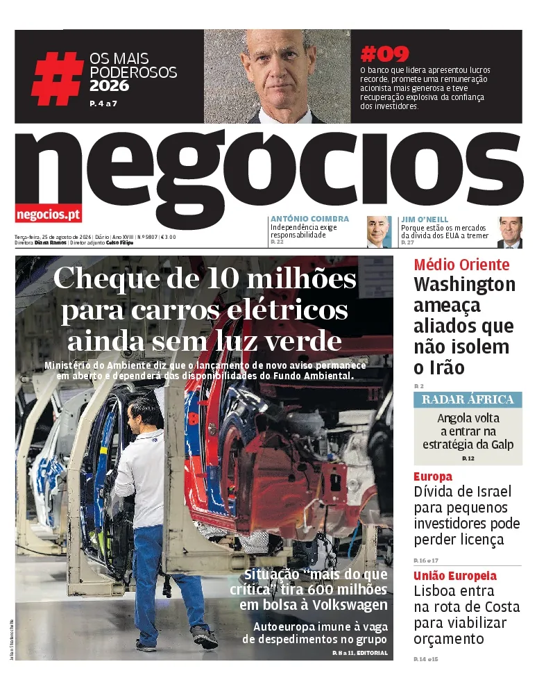 Capa do Jornal de Negócios de terça-feira, 25 de agosto de 2026