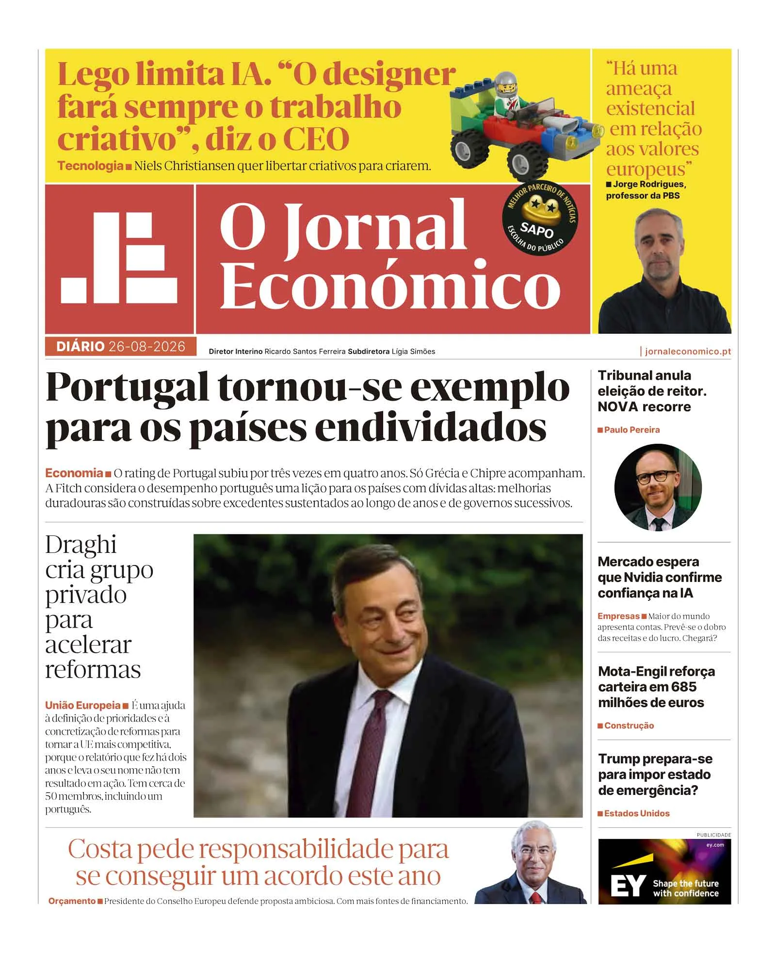 Capa do Jornal Económico de terça-feira, 25 de agosto de 2026