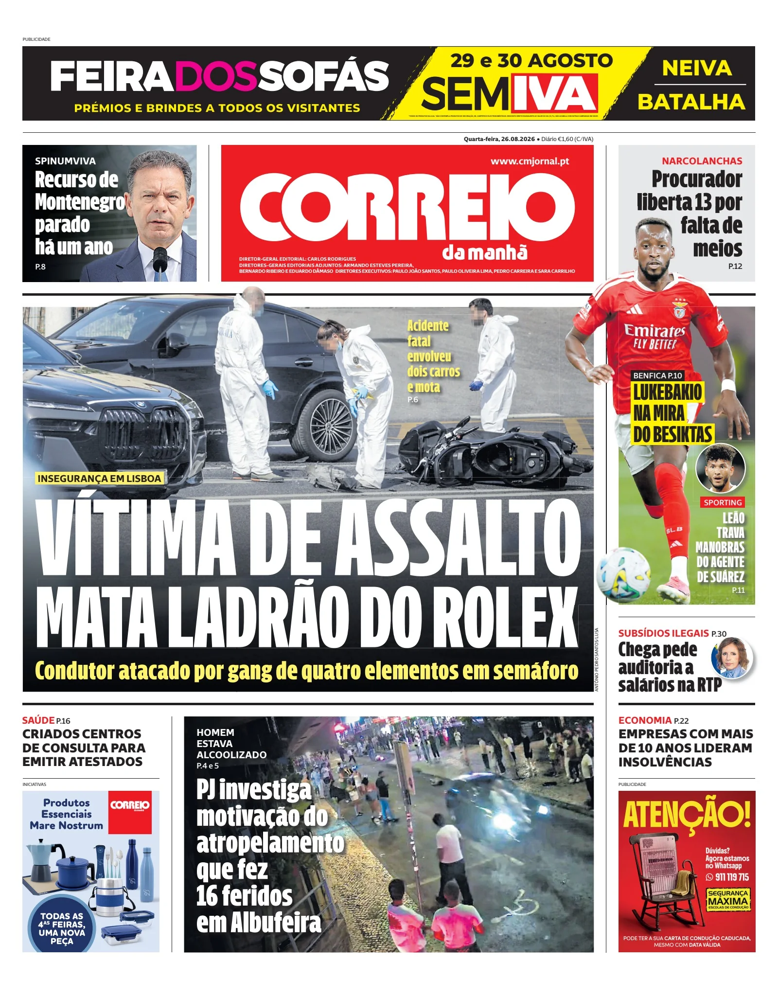 Capa do Correio da Manhã de quarta-feira, 26 de agosto de 2026