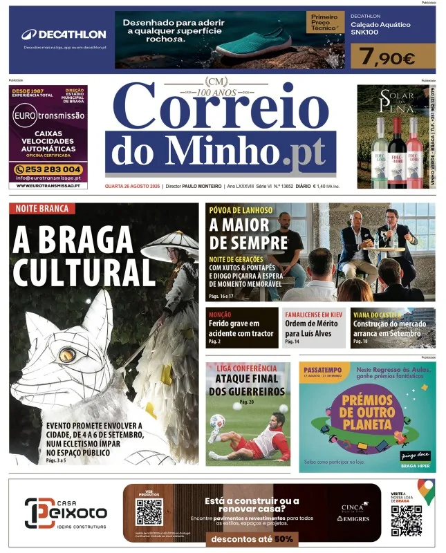 Capa do Correio do Minho de quarta-feira, 26 de agosto de 2026