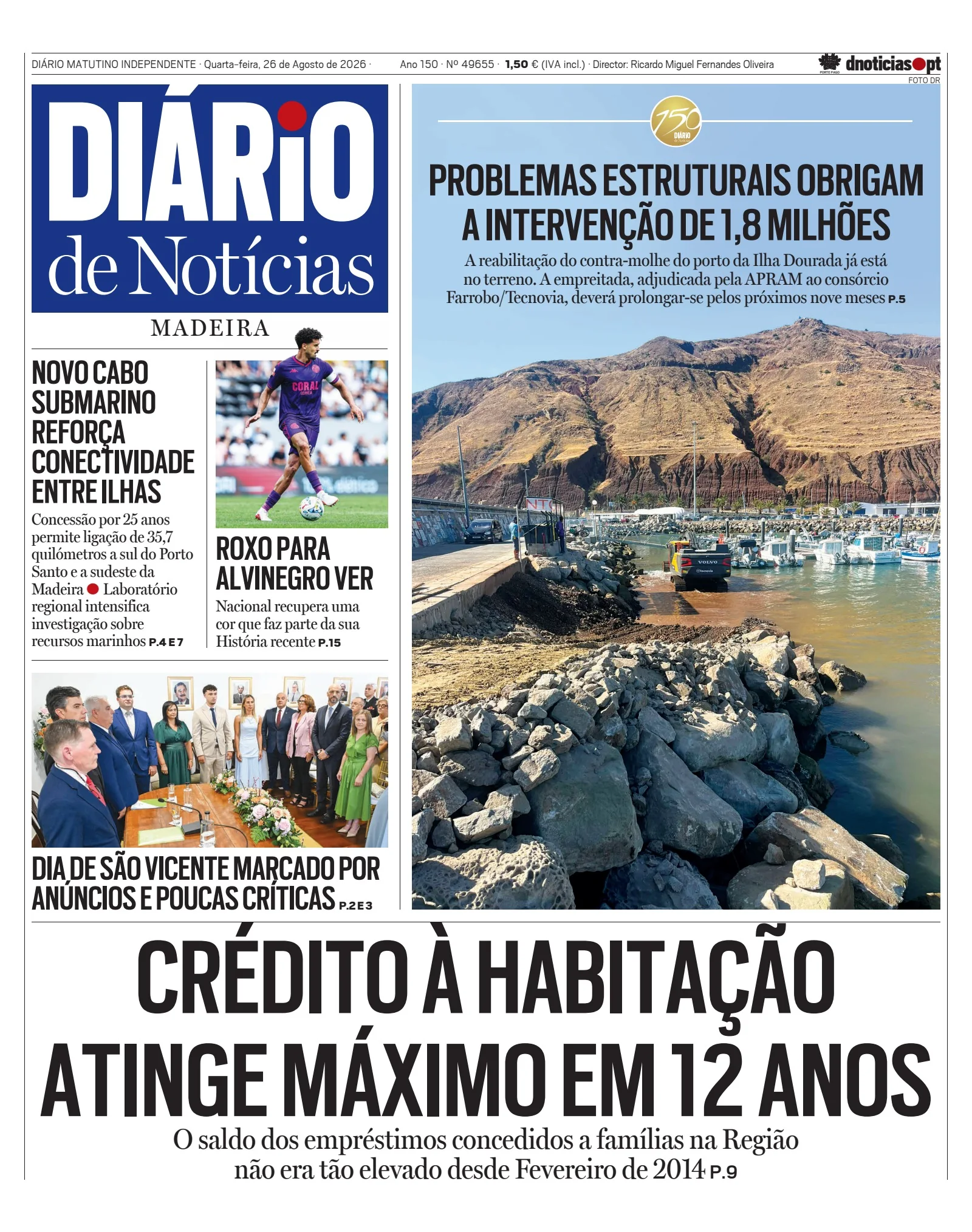 Capa do Diário de Notícias da Madeira de quarta-feira, 26 de agosto de 2026