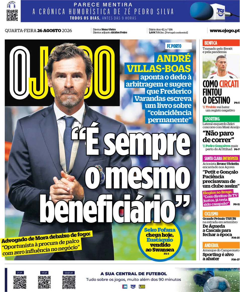 Capa do O Jogo de quarta-feira, 26 de agosto de 2026