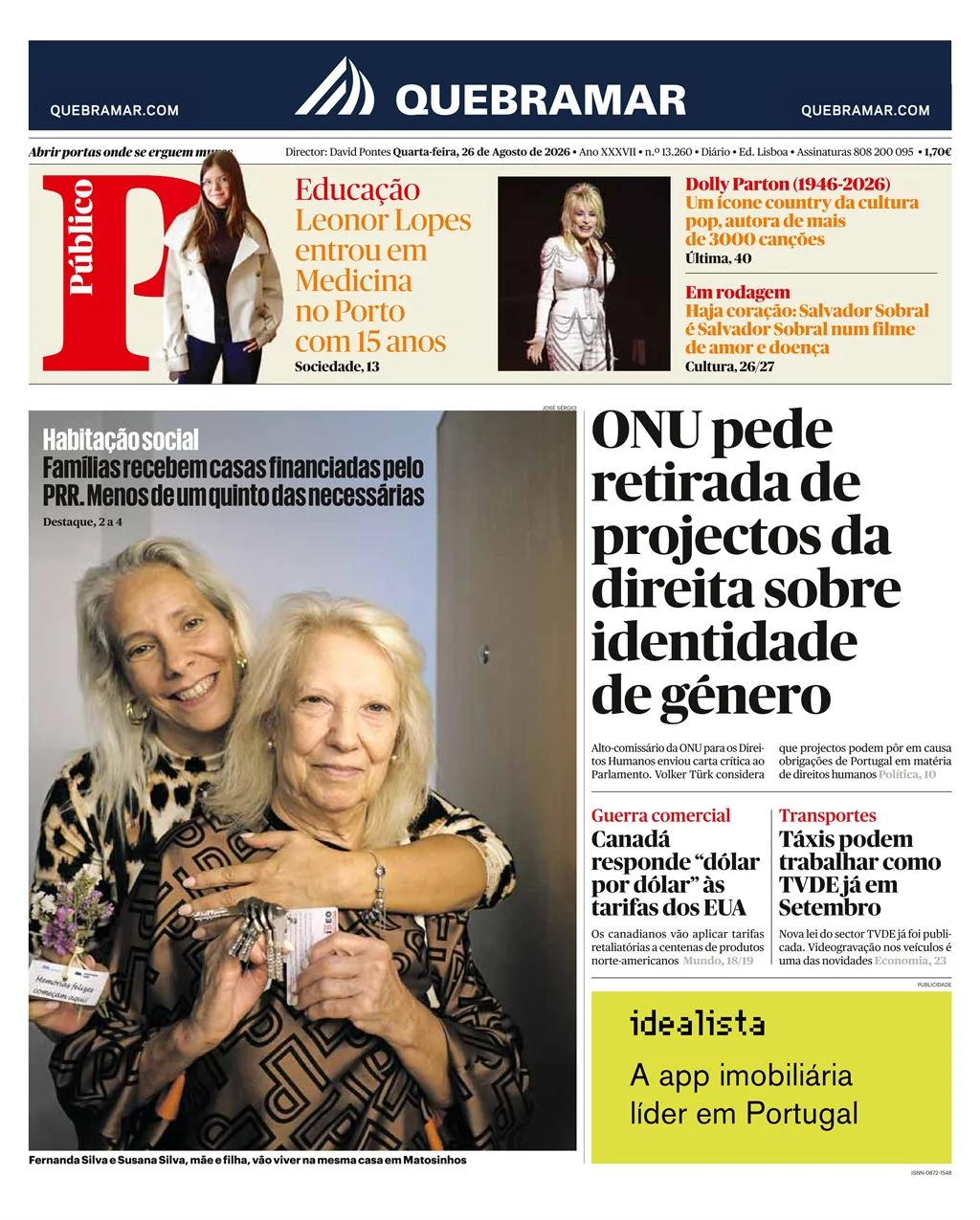 Capa do Público de quarta-feira, 26 de agosto de 2026