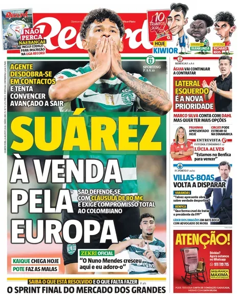 Capa do Record de quarta-feira, 26 de agosto de 2026