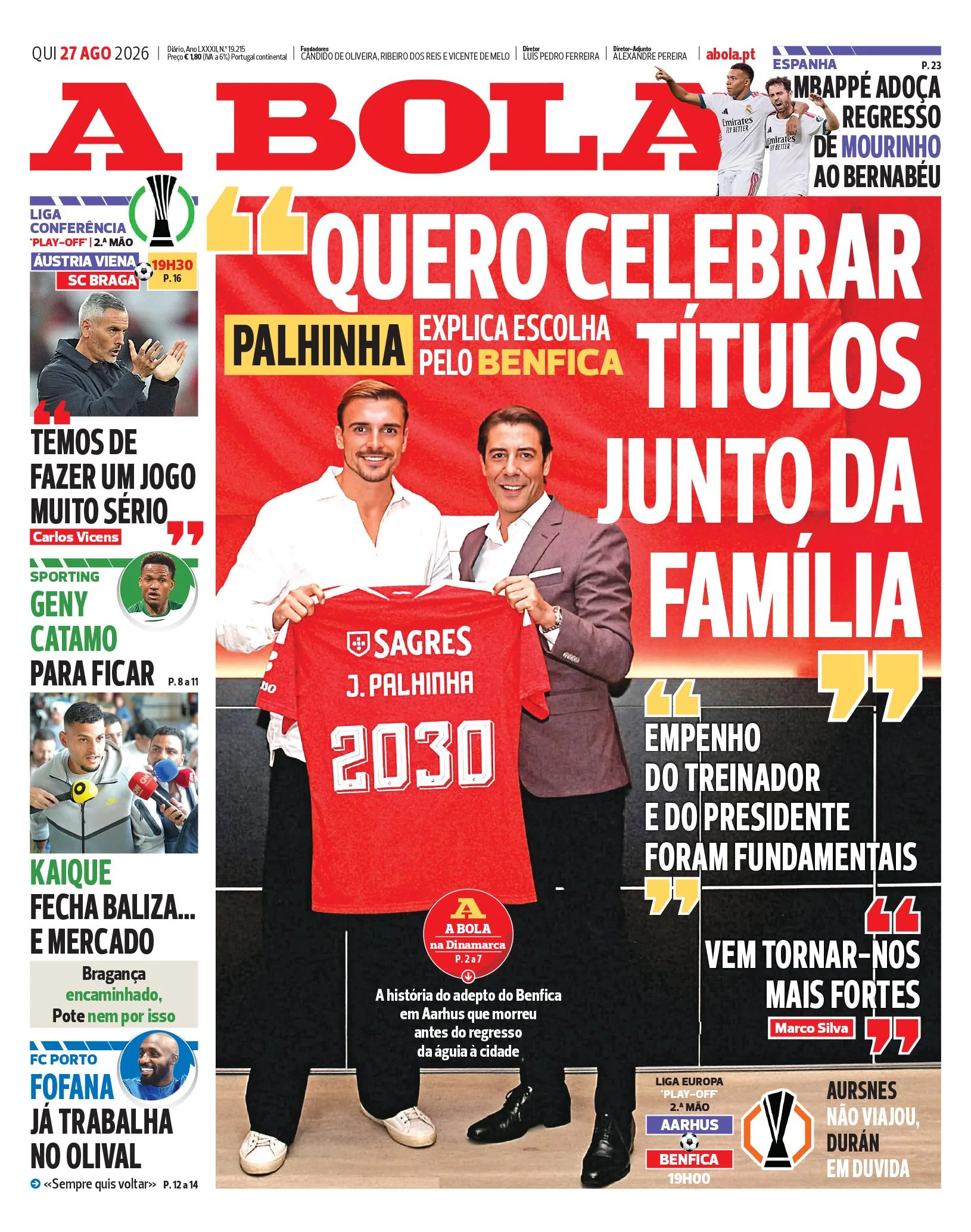 Capa do A Bola de quinta-feira, 27 de agosto de 2026